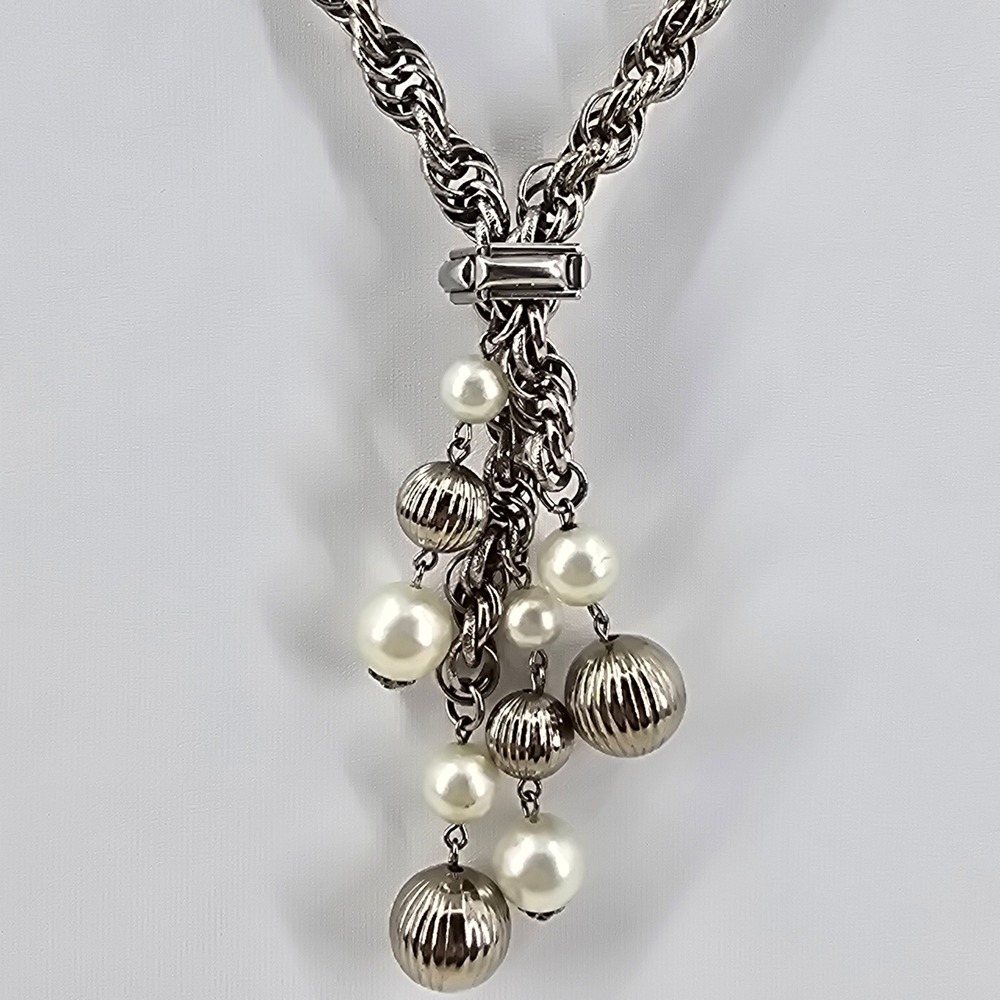 Vintage 1960s Bolero Lariat Slide Necklace Silver Tone Braided Rope Faux Pearl
